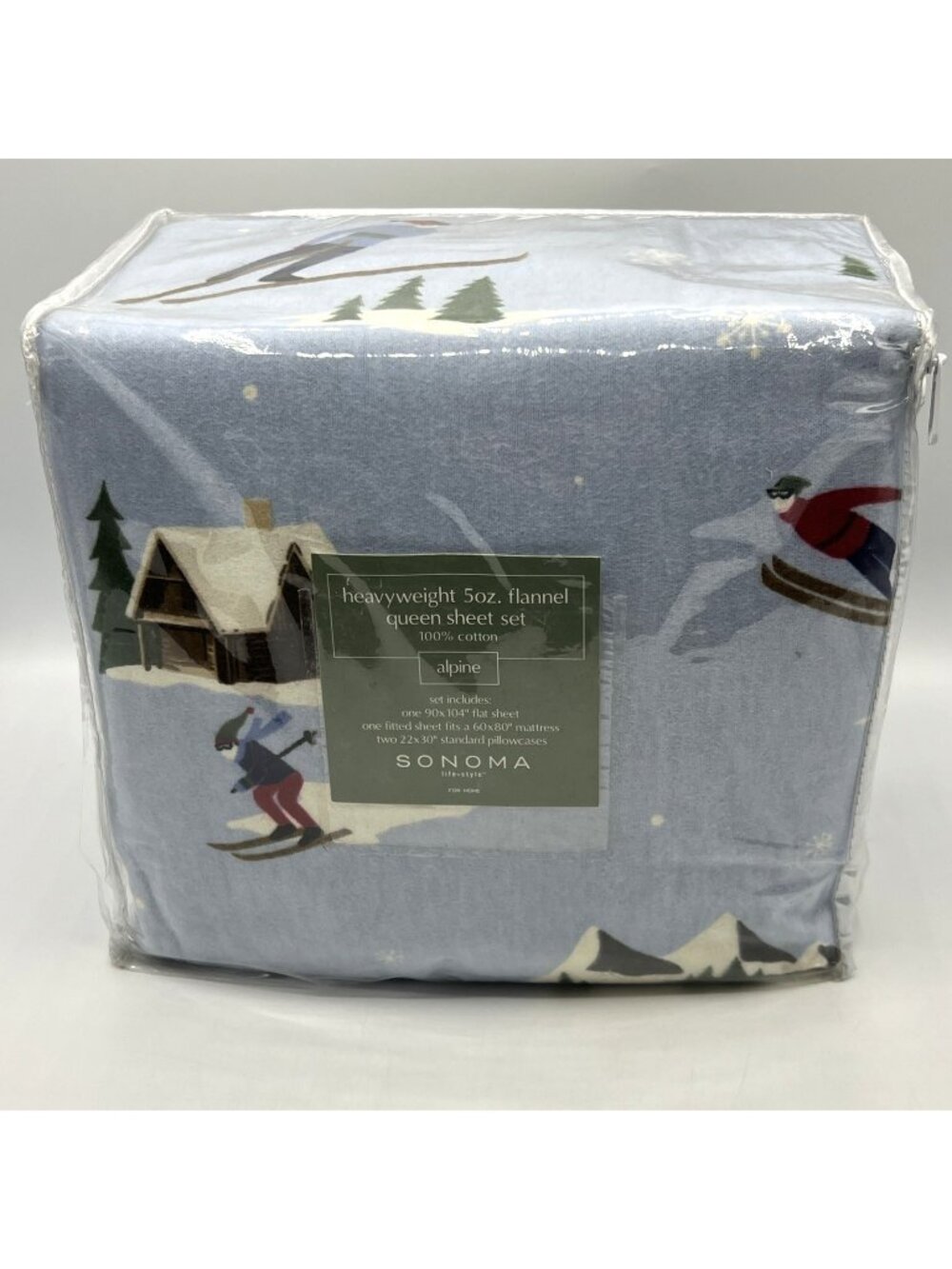 Sonoma Queen Flannel Sheet Set Blue Alpine Ski Lodge Fitted Flat Pillowcases